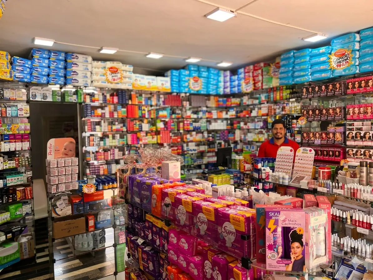 Farmacêutica atendendo cliente com atenção e cuidado