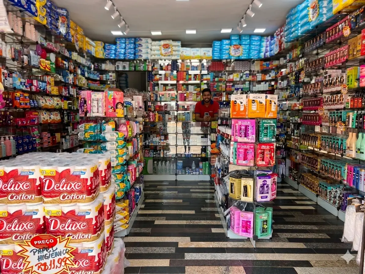 Corredor com ampla variedade de produtos de saúde e bem-estar